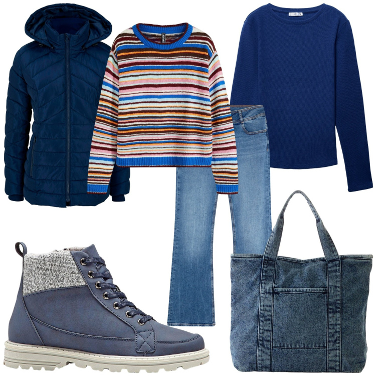 Outfit donna - Il fine settimana in relax. Stile Casual per Tutti i giorni. Abbinamento con giacche, stivaletti, maglieria, shopping bag, jeans a zampa, t-shirt.