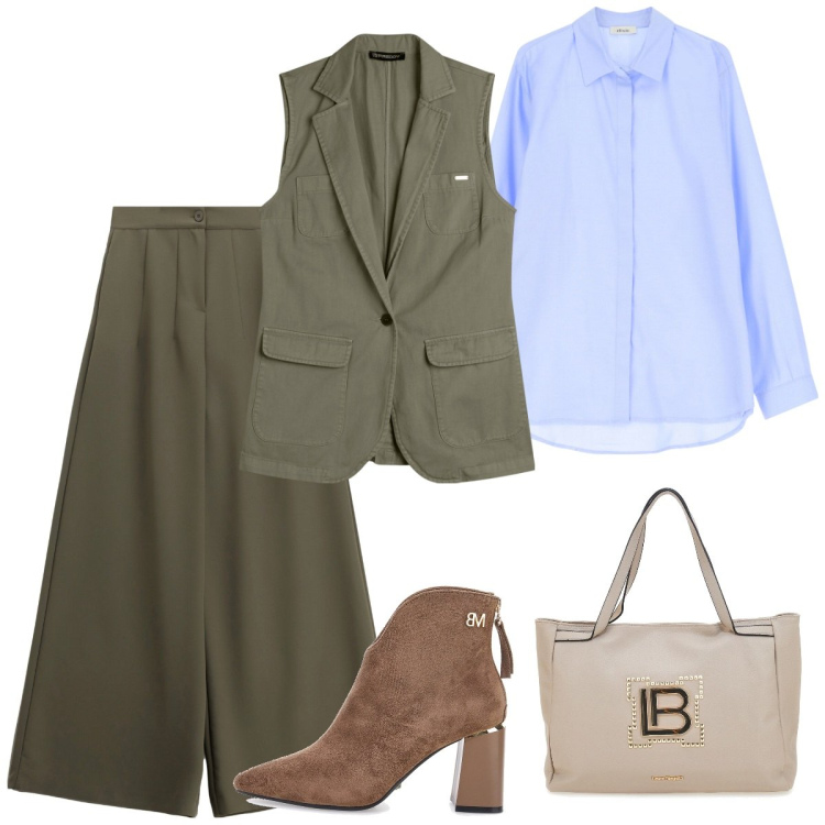 Outfit donna - In ufficio. Stile Basic per Ufficio. Abbinamento con pantaloni a palazzo, gilet, camicie, stivaletti, borse a spalla.