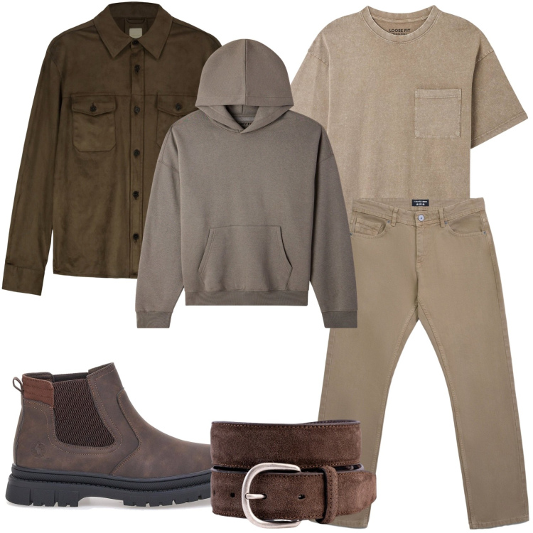 Outfit uomo - Il mio tempo libero. Stile Trendy per Tutti i giorni. Abbinamento con jeans, felpe con cappuccio, t-shirt, stivali e stivaletti, cinture, giacche.