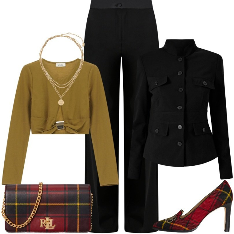 Outfit donna - Uno stile pulito e curato. Stile Chic per Serata fuori. Abbinamento con pantaloni a palazzo, blazer, top, ciondoli, décolleté, borse a mano.