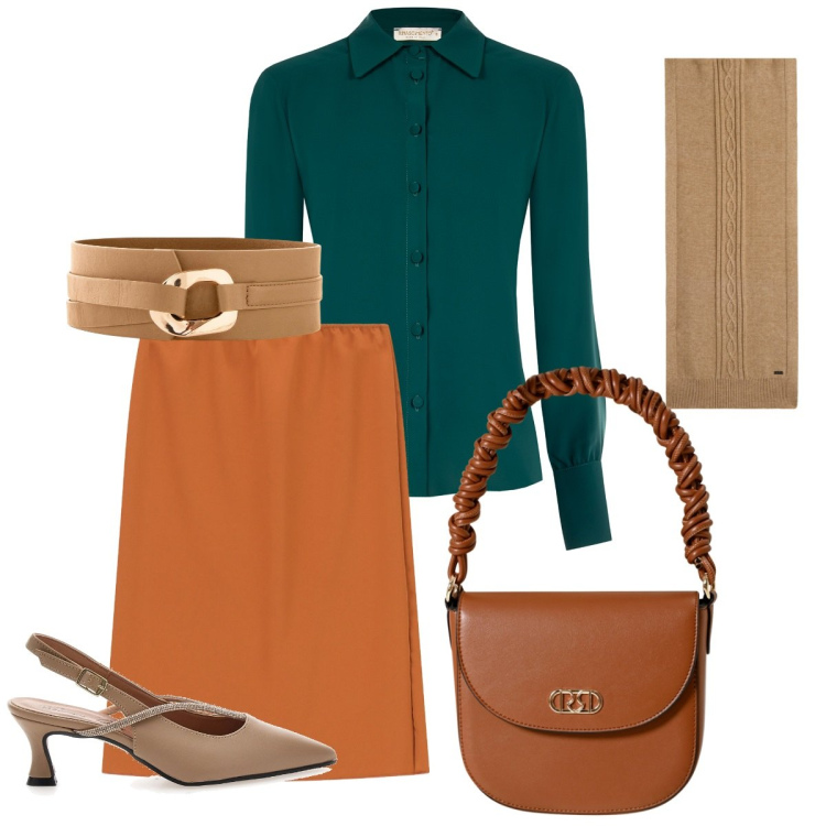 Outfit donna - La gonna in ufficio. Stile Basic per Ufficio. Abbinamento con cinture, camicie, borse a mano, sciarpe, gonne, décolleté.