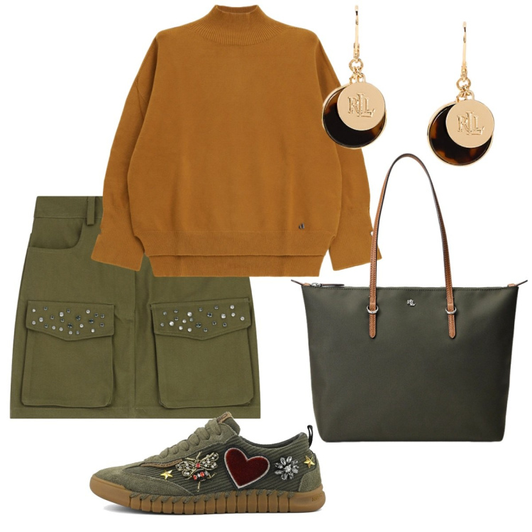 Outfit donna - Di giorno. Stile Basic per Tutti i giorni. Abbinamento con maglieria, minigonne, borse tote, orecchini, sneakers.
