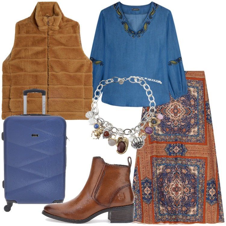 Outfit donna - Bantoa - Fall Mid Season Sale. Stile Etnico per Tutti i giorni. Abbinamento con gilet, braccialetti con ciondoli, gonne lunghe, bluse, valigie, stivaletti.