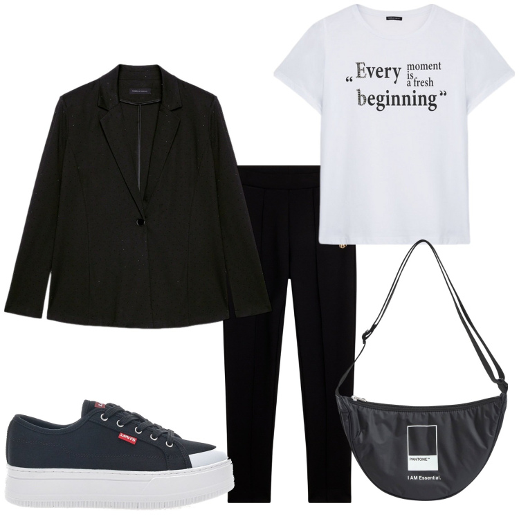 Outfit donna - Total look #2256326. Stile Casual per Tutti i giorni. Abbinamento con marsupi, blazer, t-shirt, pantaloni, sneakers.