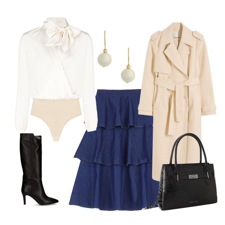 Outfit donna - October in Rome. Stile Chic per Tutti i giorni. Abbinamento con borse a mano, trench, gonne lunghe, bluse, orecchini, stivali.