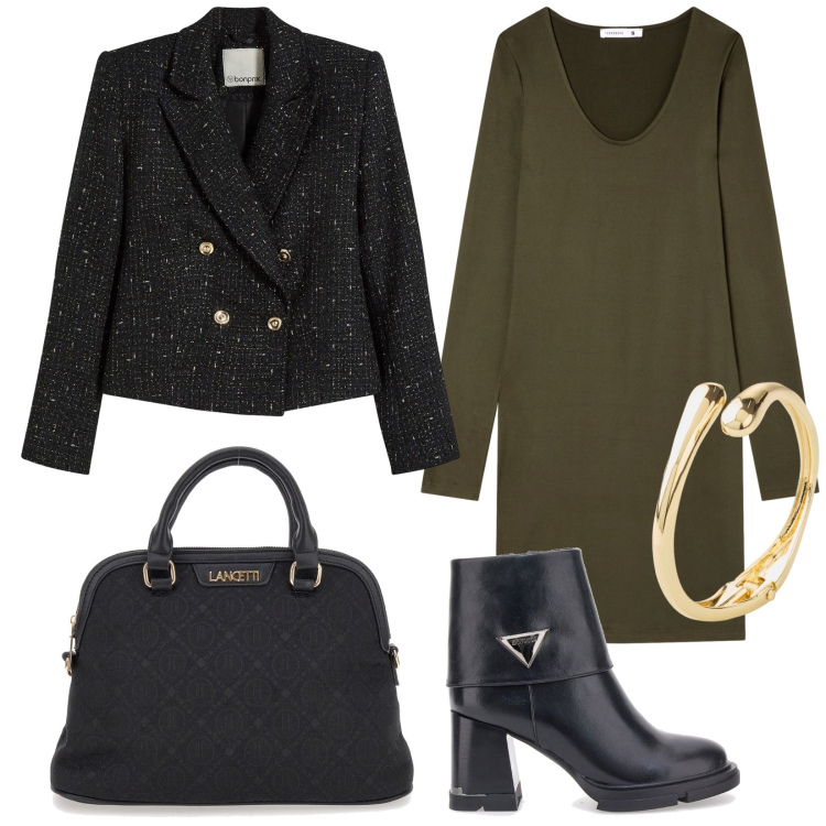 Outfit donna - Total look #2256336. Stile Casual chic per Ufficio. Abbinamento con braccialetti, blazer, vestiti, stivaletti, borse a spalla.