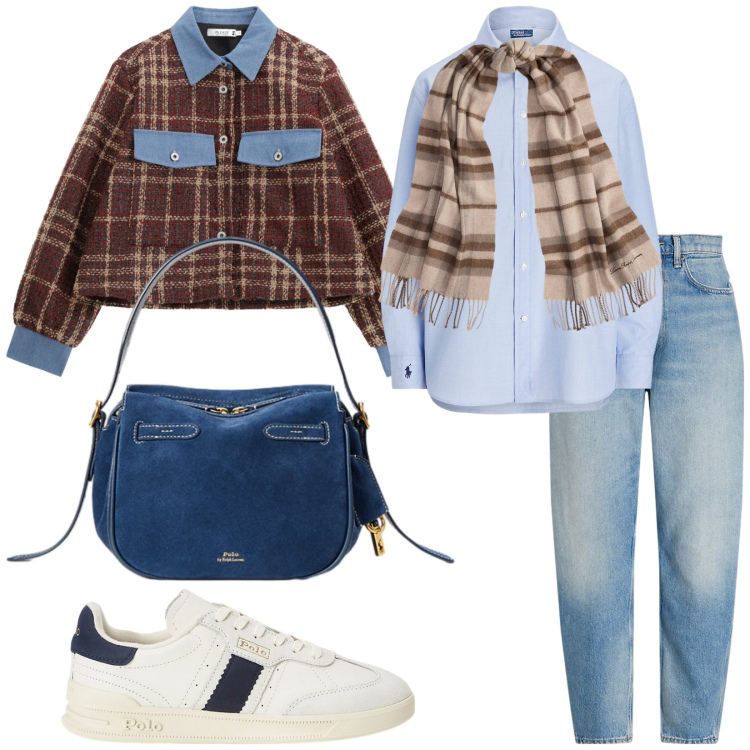 Outfit donna - Total look #2256338. Stile Casual chic per Tutti i giorni. Abbinamento con blazer, jeans, camicie, sneakers, borse a mano, sciarpe.
