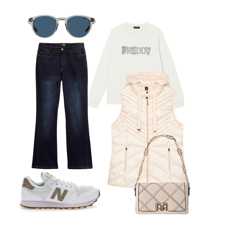 Outfit donna - Passeggiata in centro ad Asiago. Stile Sporty chic per Tutti i giorni. Abbinamento con jeans bootcut, borse a tracolla, felpe, occhiali da sole, sneakers, piumini.