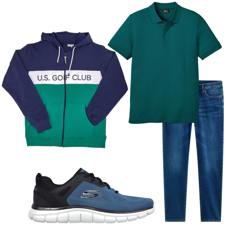 Outfit uomo - Total look #2256348. Stile Casual per Tutti i giorni. Abbinamento con jeans, polo, felpe con cappuccio, sneakers.