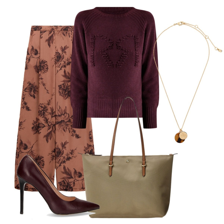 Outfit donna - Cene importanti. Stile Basic per Serata fuori. Abbinamento con maglieria, pantaloni a palazzo, borse tote, collane, décolleté.