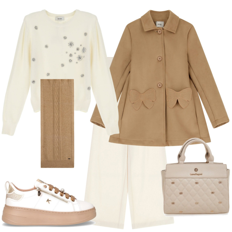 Outfit donna - Glamour autunnale. Stile Casual chic per Tutti i giorni. Abbinamento con sciarpe, maglieria, pantaloni a palazzo, cappotti, sneakers, borse a mano.