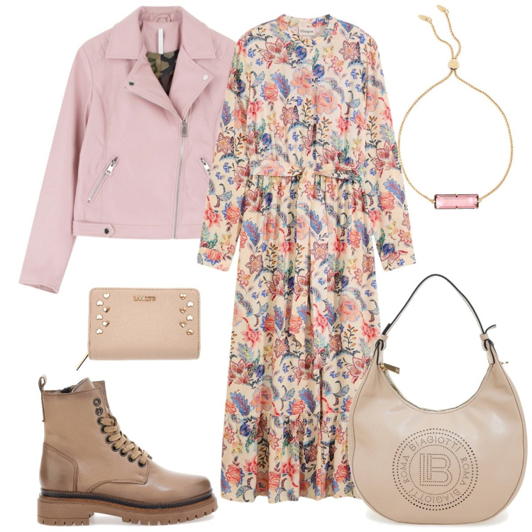 Outfit donna - L\'abito lungo a fiori. Stile Basic per Tutti i giorni. Abbinamento con vestiti lunghi, blazer, braccialetti, anfibi, portafogli, borse a spalla.