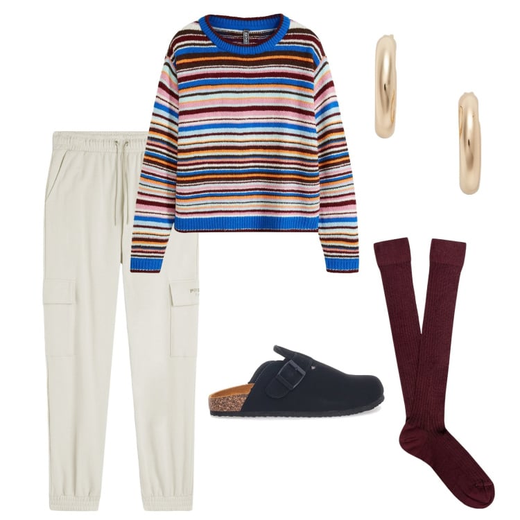 Outfit donna - Pomeriggio a casa. per Tutti i giorni. Abbinamento con maglieria, pantaloni cargo, orecchini, ciabatte, calzini.