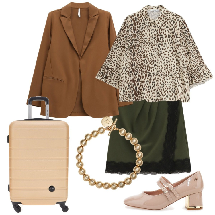 Outfit donna - In viaggio. Stile Basic per Tutti i giorni. Abbinamento con camicie, blazer, minigonne, braccialetti, décolleté, valigie.