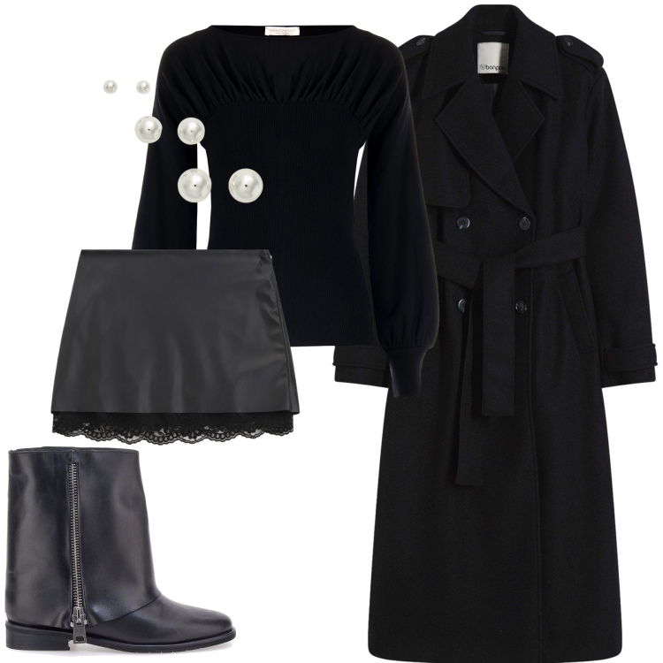 Outfit donna - Total black. Stile Casual chic per Tutti i giorni. Abbinamento con trench, maglieria, minigonne, orecchini, stivaletti.