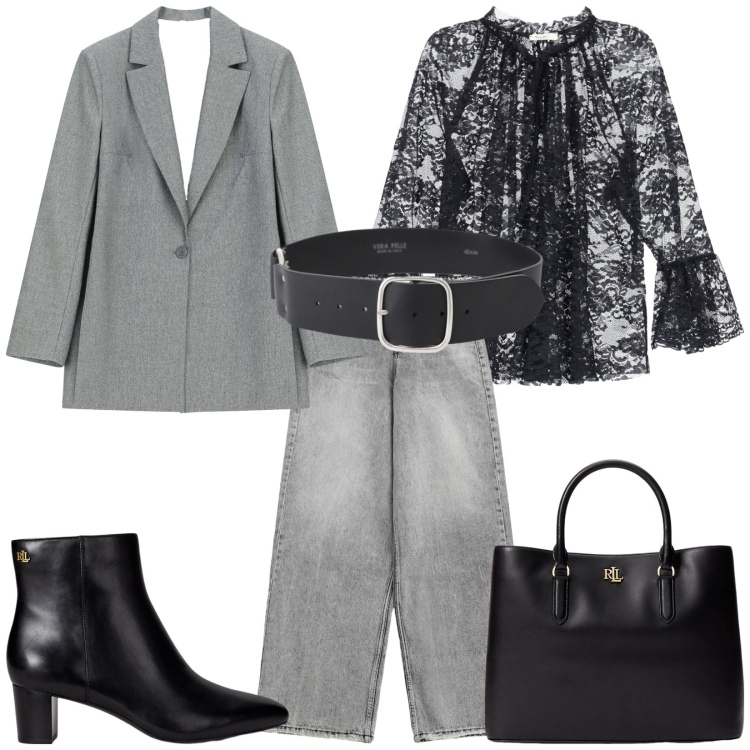 Outfit donna - Total look #2256370. Stile Casual chic per Ufficio. Abbinamento con jeans, camicie, cinture, blazer, borse a mano, stivaletti.