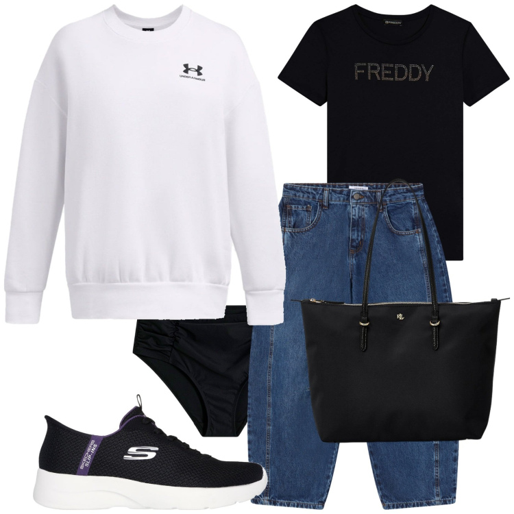 Outfit donna - Università. Stile Urban per Scuola/Università. Abbinamento con culotte, jeans, t-shirt, borse tote, felpe, sneakers.