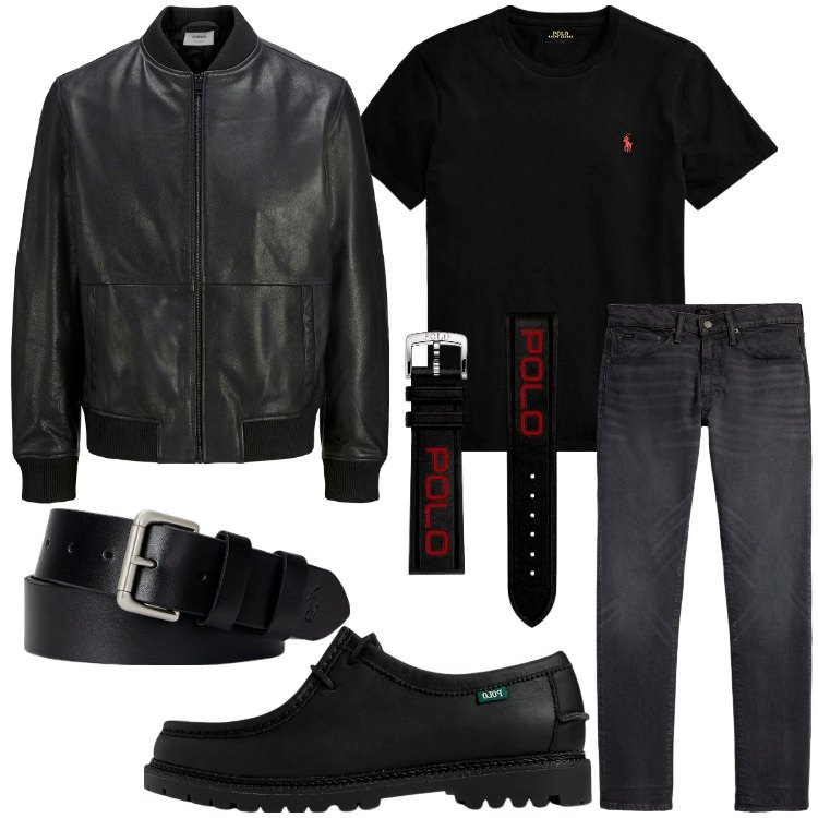 Outfit uomo - Il fascino della giacca in pelle. Stile Biker Rock per Serata speciale. Abbinamento con giacche, cinture, scarpe stringate, t-shirt, orologi, jeans.