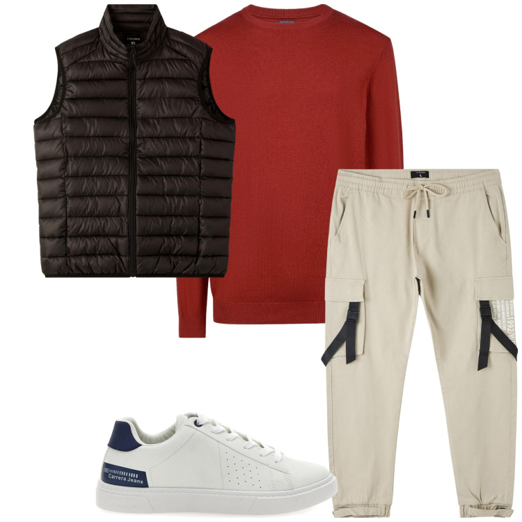 Outfit uomo - Total look #2256375. Stile Casual per Tutti i giorni. Abbinamento con piumini, pantaloni cargo, sneakers, maglieria.