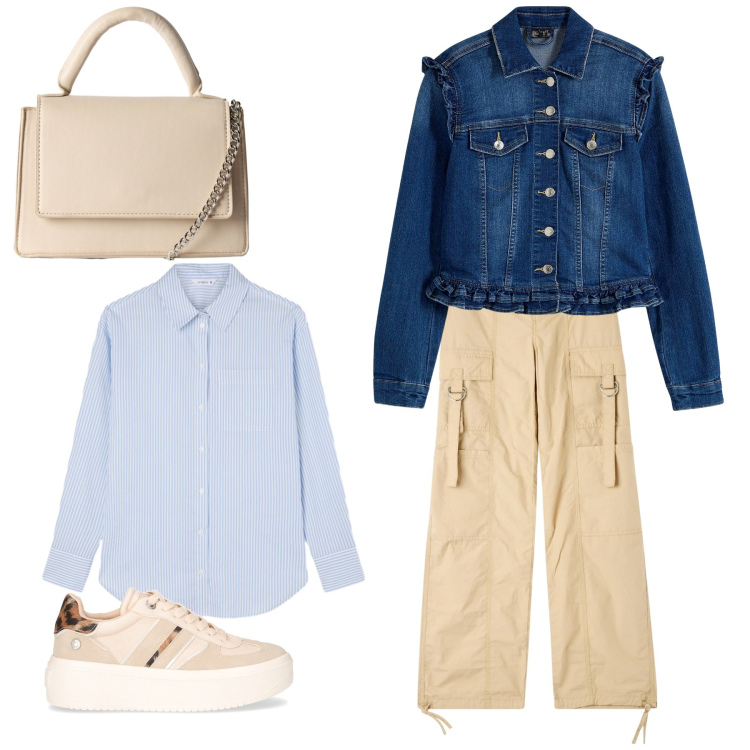 Outfit donna - Giro in città. Stile Casual per Tutti i giorni. Abbinamento con blazer, borse a tracolla, camicie, pantaloni cargo, sneakers.
