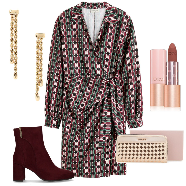 Outfit donna - Il vestito a portafoglio. Stile Trendy per Serata fuori. Abbinamento con vestiti, rossetti, orecchini, stivaletti, portafogli.