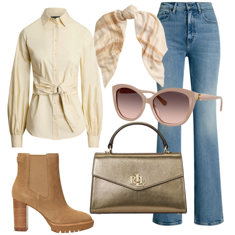 Outfit donna - Total look #2256379. Stile Casual chic per Tutti i giorni. Abbinamento con jeans bootcut, occhiali da sole, camicie, stivaletti chelsea, sciarpe, borse a mano.