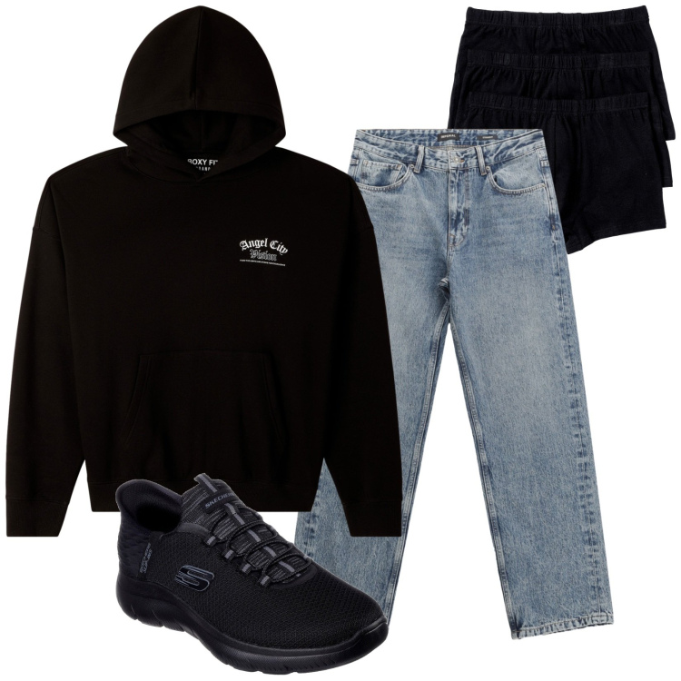 Outfit uomo - Total look #2256380. Stile Urban per Tutti i giorni. Abbinamento con boxer, felpe con cappuccio, jeans dritti, sneakers.