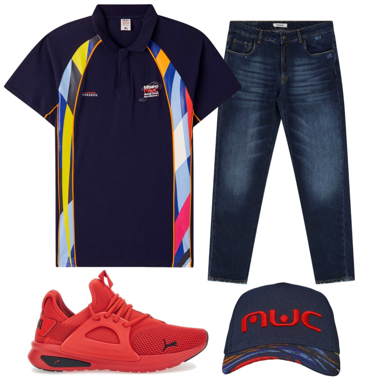 Outfit uomo - Puma in rosso. Stile Trendy per Tutti i giorni. Abbinamento con cappelli con visiera, polo, jeans dritti, sneakers.