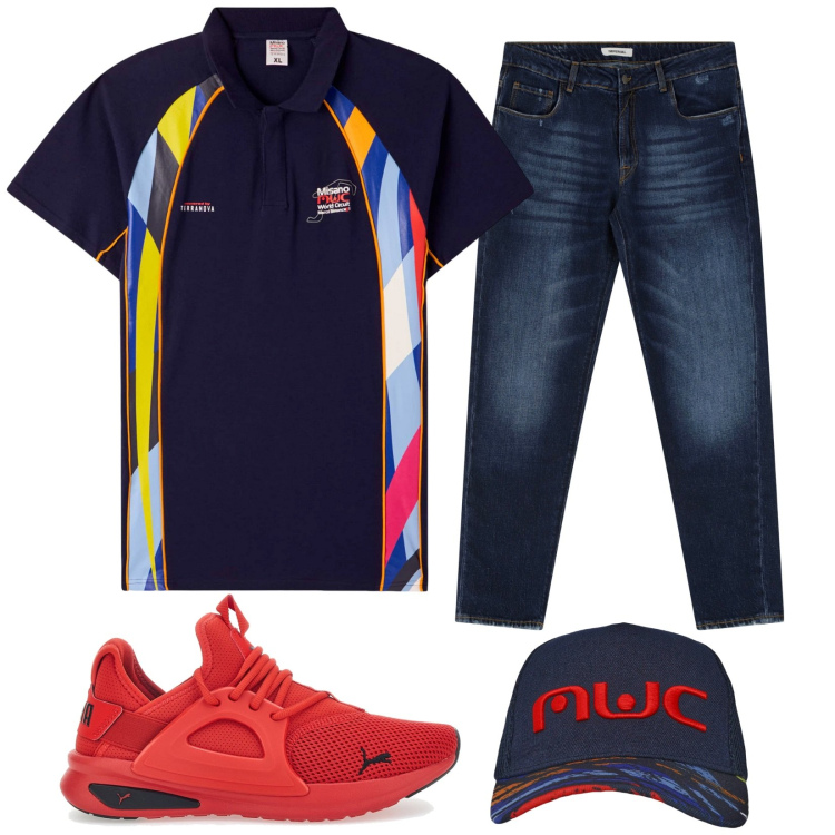 Outfit uomo - Total look #2256383. Stile Trendy per Tutti i giorni. Abbinamento con cappelli, polo, jeans dritti, sneakers.