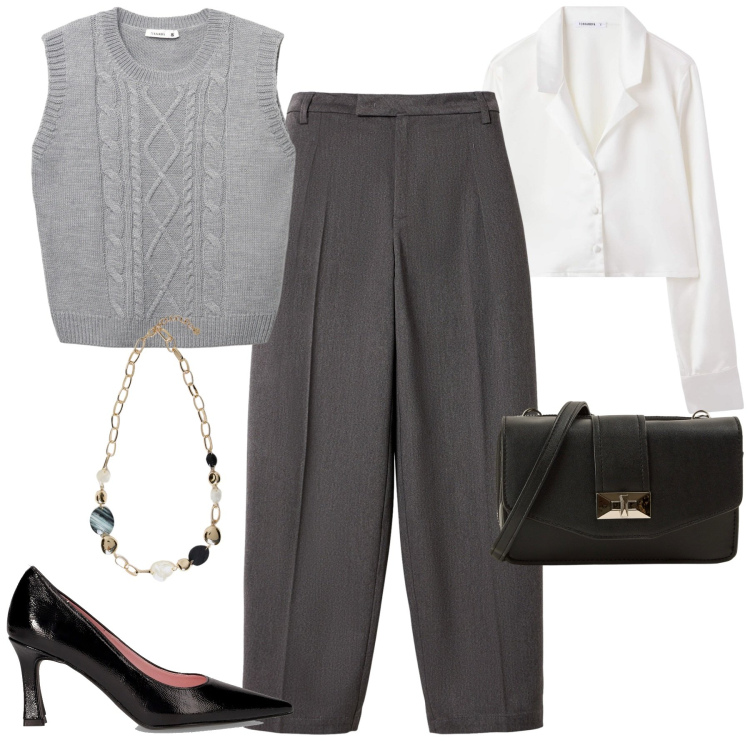 Outfit donna - In ufficio. Stile Minimal per Ufficio. Abbinamento con pantaloni, maglieria, camicie, borse a tracolla, décolleté, collane.