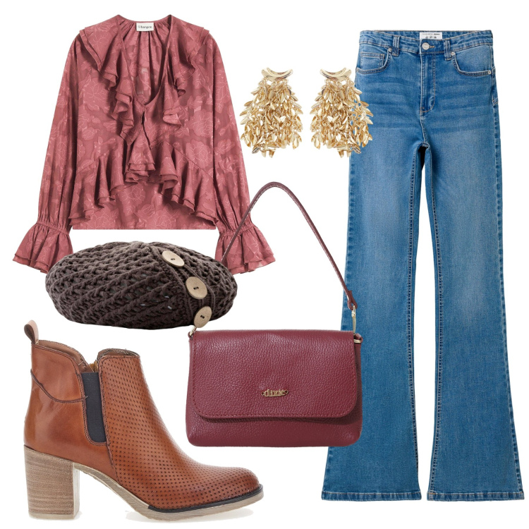 Outfit donna - Total look #2256385. Stile Casual chic per Tutti i giorni. Abbinamento con bluse, berretti, jeans a zampa, borse a tracolla, orecchini, stivaletti.