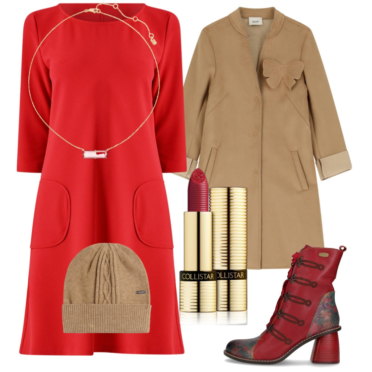 Outfit donna - Pienissimo autunno. Stile Trendy per Serata fuori. Abbinamento con rossetti, vestiti corti, berretti, cappotti, collane, stivaletti.