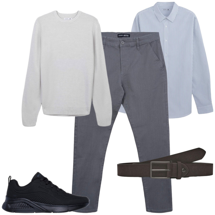 Outfit uomo - Ottobre. Stile Urban per Tutti i giorni. Abbinamento con camicie, cinture, pantaloni chino, maglieria, sneakers.