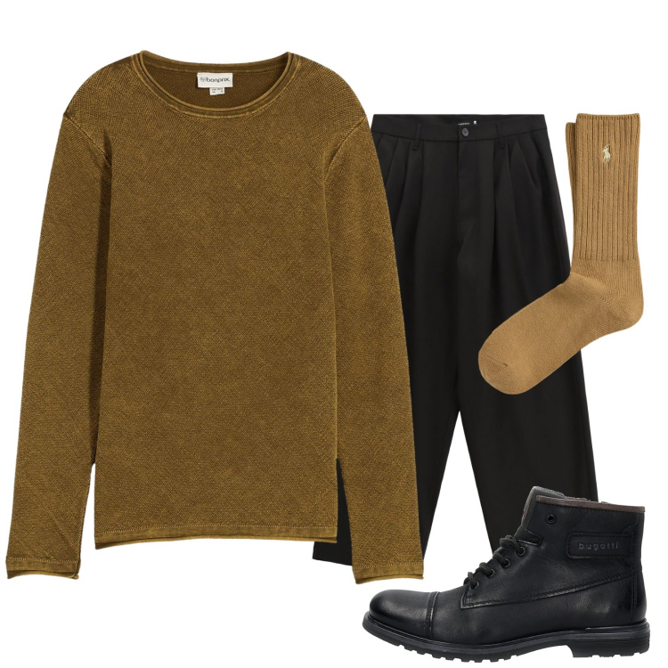 Outfit uomo - Maglia effetto lavato. Stile Trendy per Tutti i giorni. Abbinamento con maglieria, pantaloni, calzini, anfibi.