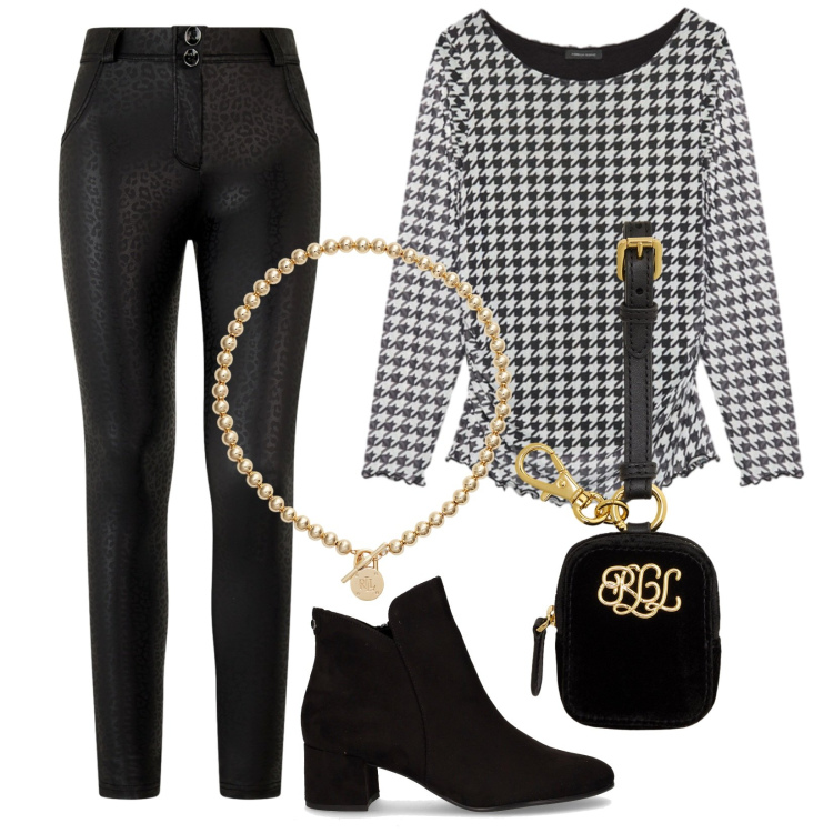 Outfit donna - Saldi per la sera. Stile Glamour per Serata fuori. Abbinamento con pantaloni skinny, collane, pochette, bluse, stivaletti.