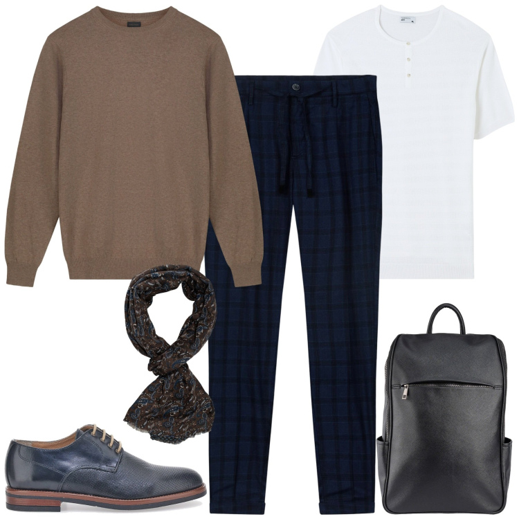 Outfit uomo - Al lavoro. Stile Urban per Tutti i giorni. Abbinamento con t-shirt, pantaloni, maglieria, borse sportive, sciarpe, scarpe stringate.