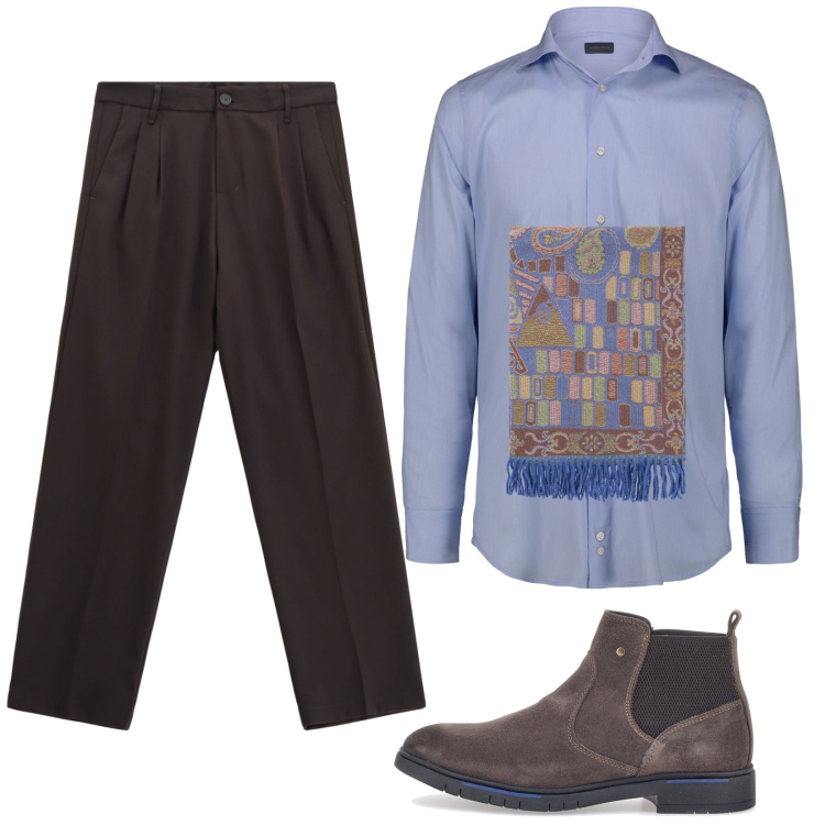 Outfit uomo - A cena fuori. Stile Business/Elegante per Serata speciale. Abbinamento con pantaloni, sciarpe, stivali e stivaletti, camicie.