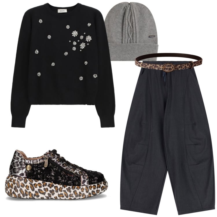 Outfit donna - Total look #2256401. Stile Trendy per Ufficio. Abbinamento con cinture, berretti, pantaloni a palazzo, maglieria, sneakers.