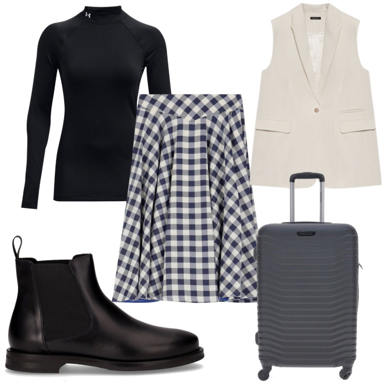 Outfit donna - Bantoa Fall Mid Season Sale: in viaggio. Stile Trendy per Tutti i giorni. Abbinamento con gonne, pullovers, gilet, valigie, stivaletti chelsea.