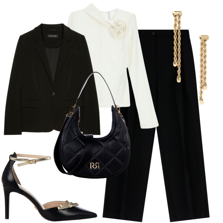 Outfit donna - Glam. Stile Minimal per Tutti i giorni. Abbinamento con borse a tracolla, décolleté, pantaloni a palazzo, t-shirt, orecchini, blazer.