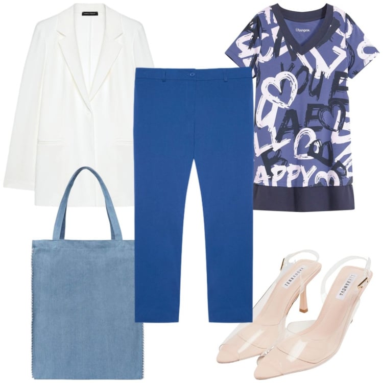 Outfit donna - Bantoa Fall Mid Season Sale: casual!. Stile Casual per Tutti i giorni. Abbinamento con t-shirt, sandali col tacco, borse tote, blazer, pantaloni.