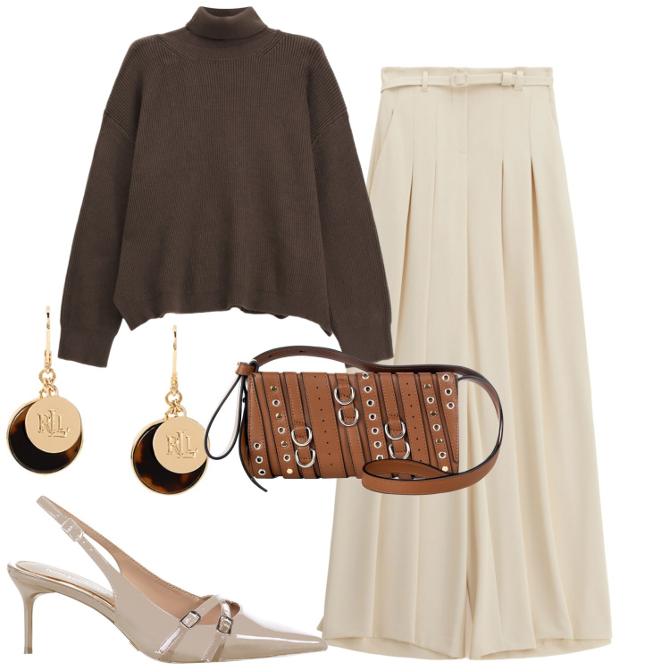 Outfit donna - City. Stile Casual chic per Tutti i giorni. Abbinamento con borse a spalla, décolleté, pantaloni a palazzo, maglieria, orecchini.