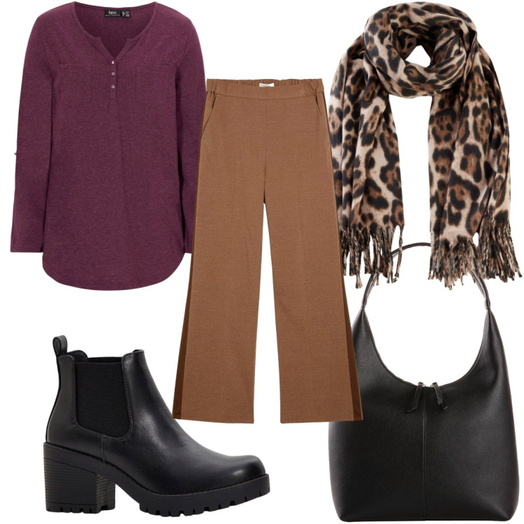 Outfit donna - Bonprix Neutral by Nature: animalier. Stile Trendy per Tutti i giorni. Abbinamento con pantaloni, maglieria, stivaletti chelsea, shopping bag, foulard.
