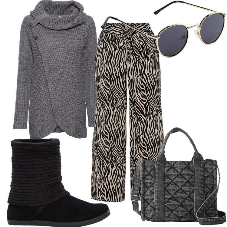 Outfit donna - Bonprix Neutral by Nature: zebrata. Stile Trendy per Tutti i giorni. Abbinamento con maglieria, pantaloni culotte, stivali, occhiali da sole, borse a mano.