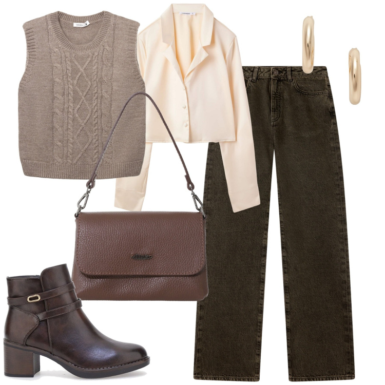 Outfit donna - Ottobre. Stile Casual chic per Tutti i giorni. Abbinamento con camicie, jeans dritti, maglieria, borse a tracolla, orecchini, stivaletti.