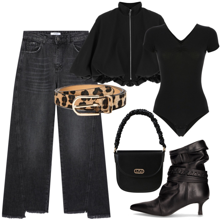 Outfit donna - La cinta maculata. Stile Glamour per Tutti i giorni. Abbinamento con jeans, borse a mano, bomber, body, stivaletti, cinture.
