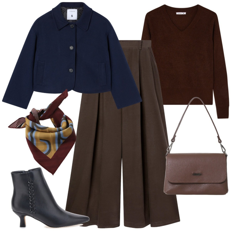 Outfit donna - Inizia il freddo. Stile Casual chic per Ufficio. Abbinamento con pantaloni, blazer, maglieria, foulard, borse a tracolla, stivaletti.