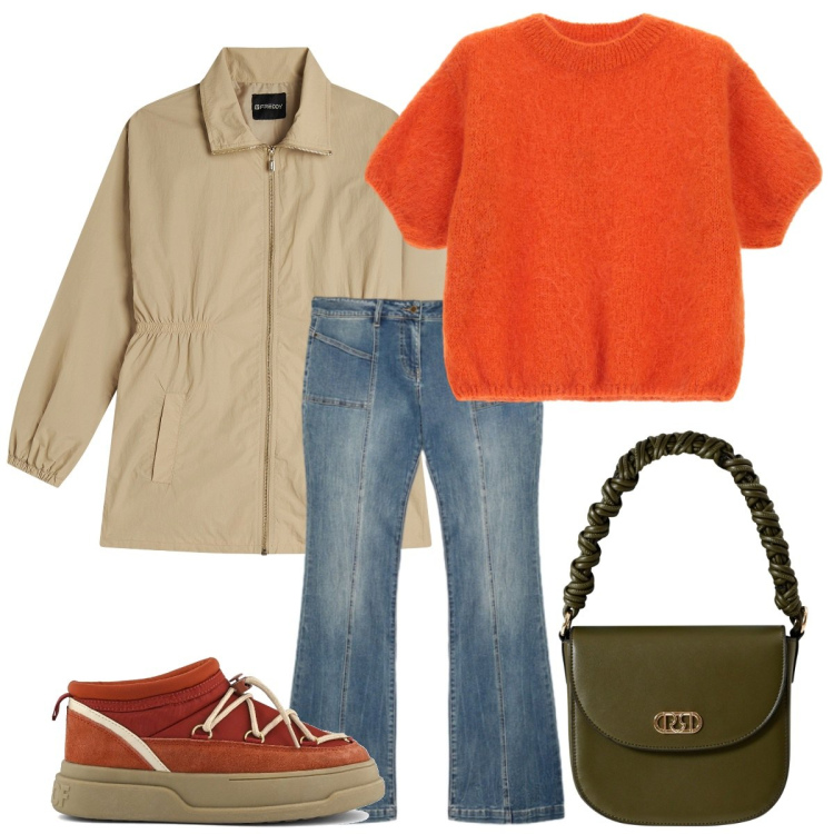 Outfit donna - Comodissima. Stile Casual per Scuola/Università. Abbinamento con borse a mano, maglieria, parka, jeans, stivaletti.