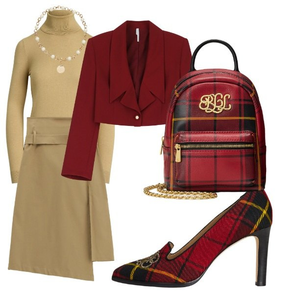 Outfit donna - outfit di mezza stagione. Stile Casual per Tutti i giorni. Abbinamento con blazer, gonne longuette, collane, maglieria, décolleté, borse a tracolla.