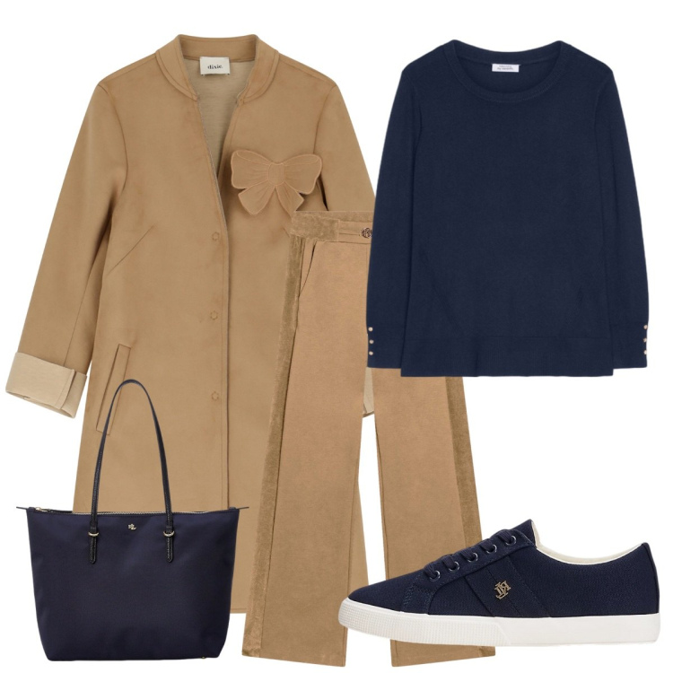 Outfit donna - Blu. Stile Basic per Tutti i giorni. Abbinamento con pantaloni, cappotti, borse tote, sneakers, maglieria.